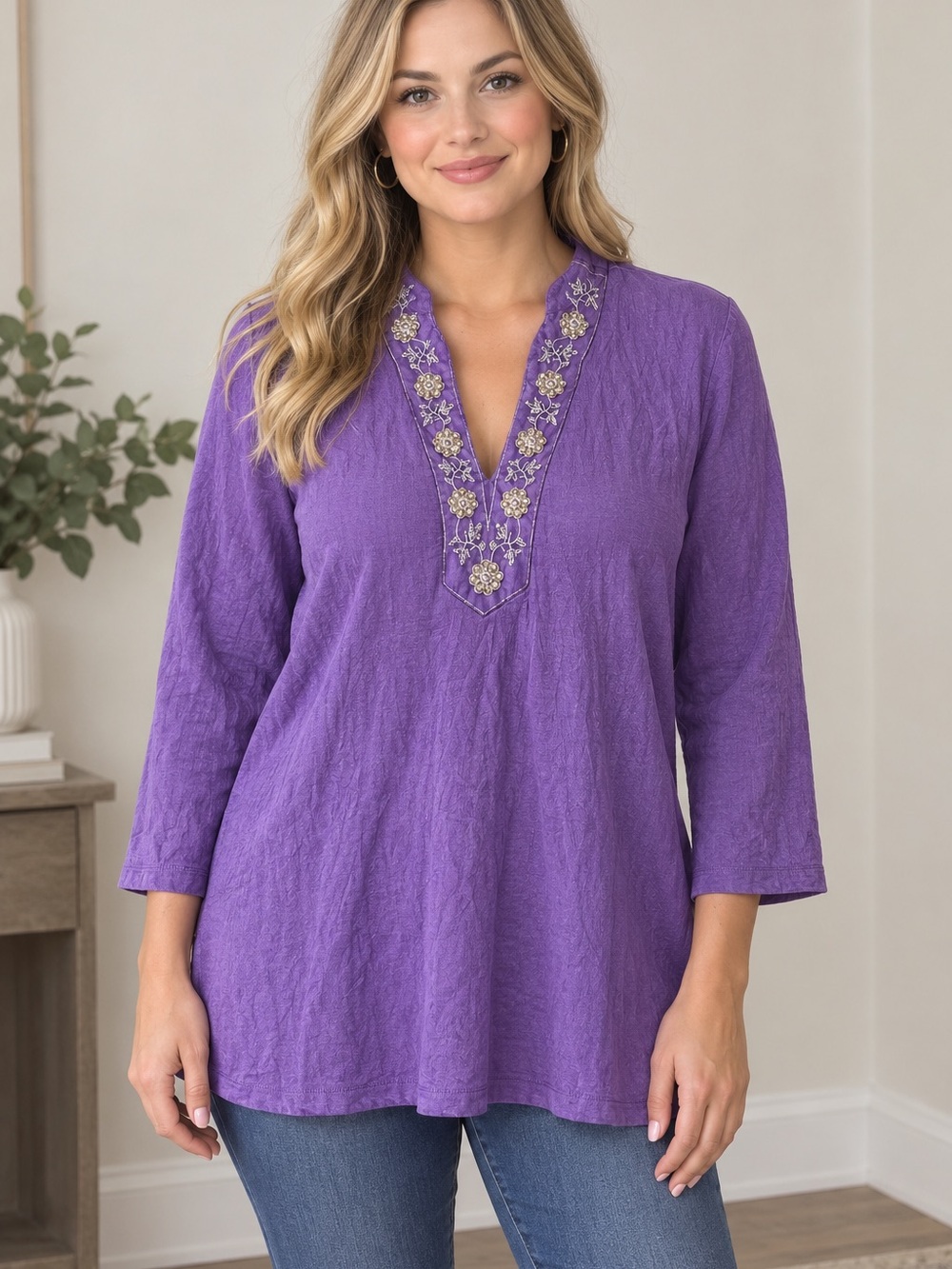 Slinky Brand Purple Beaded Embroidered V-Neck Knit Top Large Tall